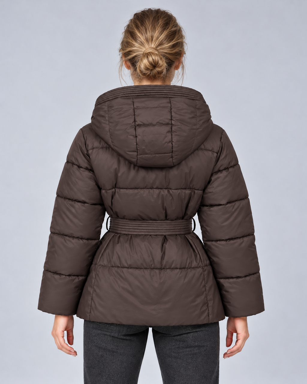 Brown tie belt puffer, rear view