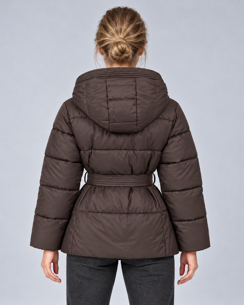 Brown tie belt puffer, rear view